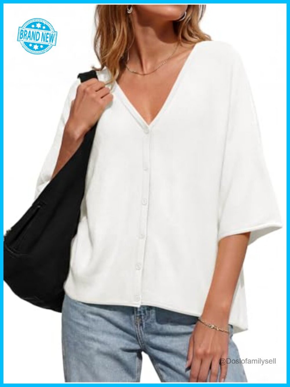 Lightweight Knit V Neck Half Sleeve Cardigan Button Down Loose Fit Summer